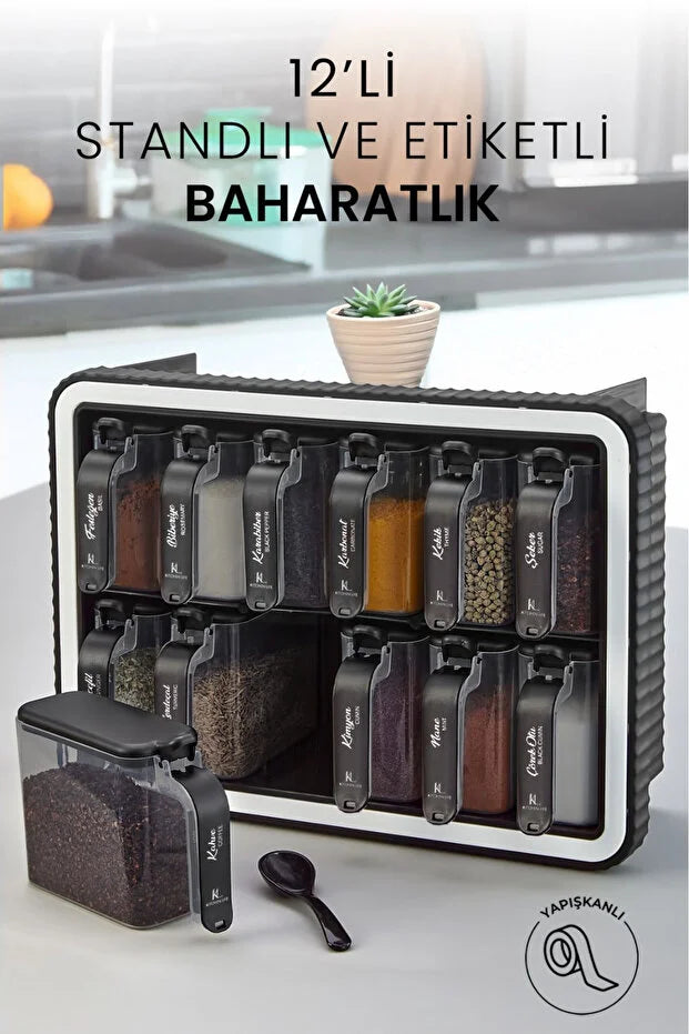 12'li Kendinden Yapışkanlı Kaşıklı Standlı Baharatlık Takımı