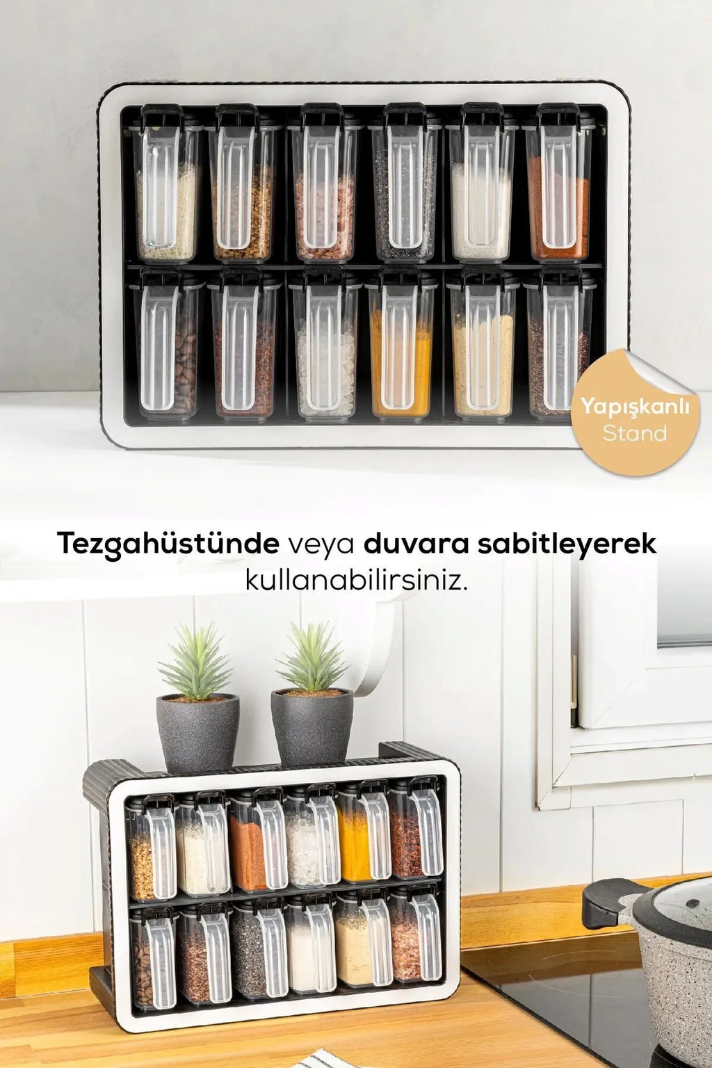 12'li Kendinden Yapışkanlı Kaşıklı Standlı Baharatlık Takımı