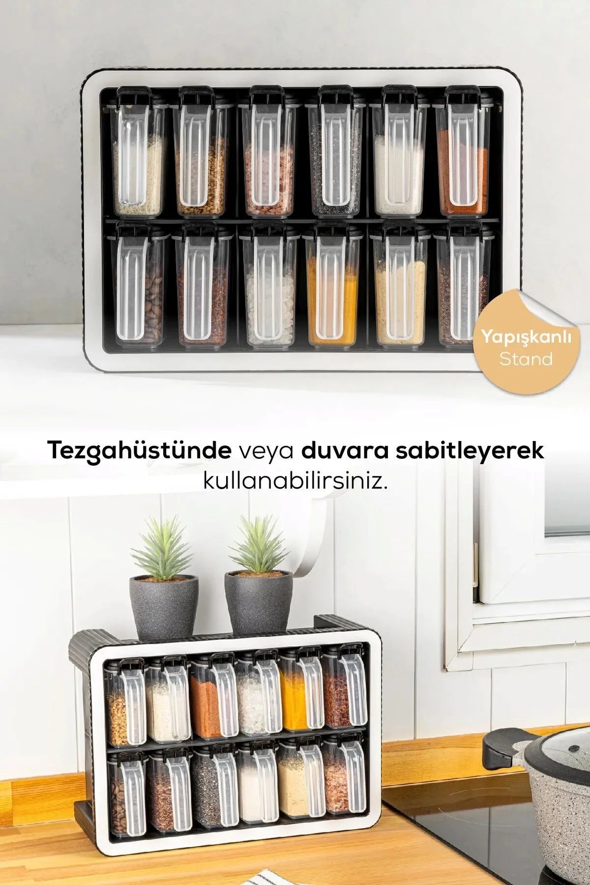 12'li Kendinden Yapışkanlı Kaşıklı Standlı Baharatlık Takımı